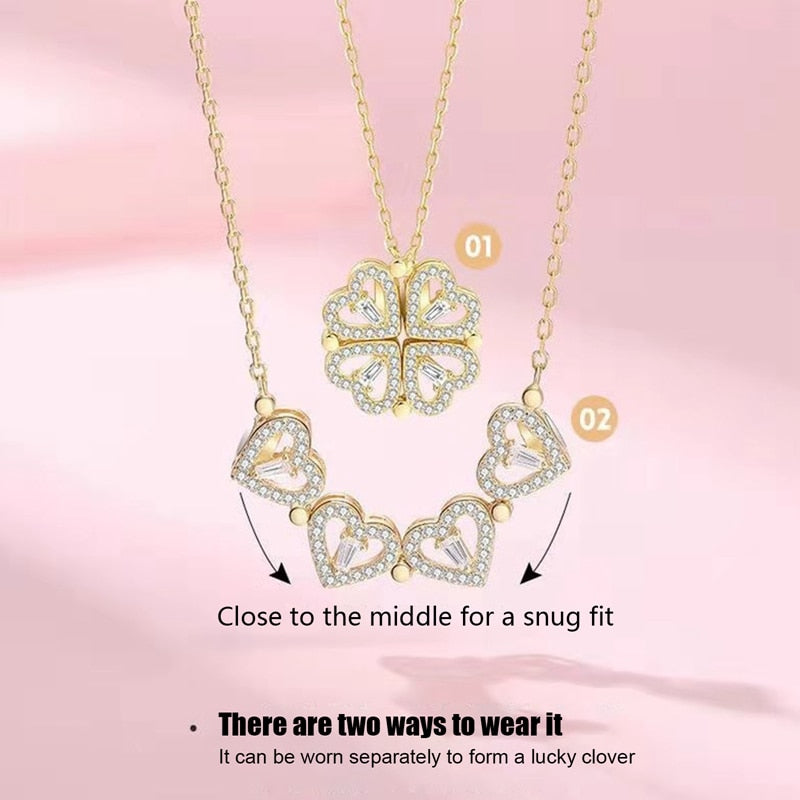 Retro Magnetic Folding Heart Shaped Four Leaf Clover Pendant Necklace Women Love Clavicle Chain Gifts Openable Choker Jewelry